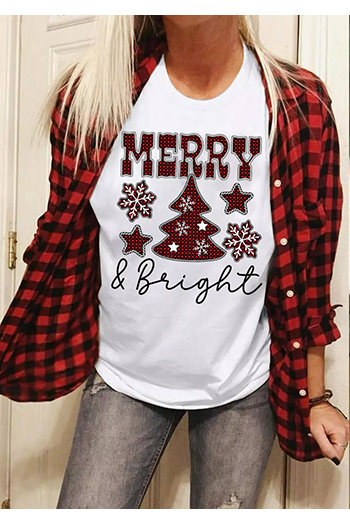 White MERRY and Bright Plaid Print Christmas Crewneck T Shirt