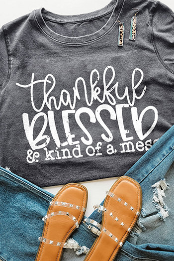 Gray Thankful Blessed and Kind of a Mess Graphic Tee