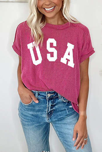 Rose Red Textured USA Graphic T Shirt