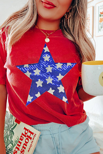 Red Sequin Star Graphic Crewneck T Shirt