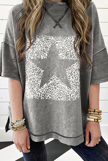 Philippine Gray Leopard Star Print Mineral Wash High Low Oversized Tee