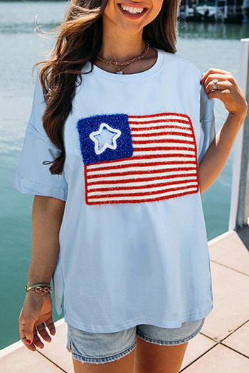 Beau Blue Tinsel American Flag Graphic Drop Shoulder T Shirt