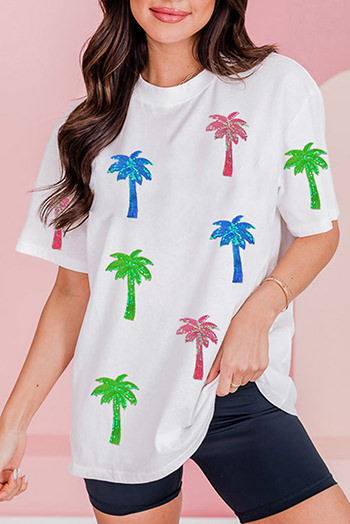 White Sequin Coconut Tree Graphic T Shirt