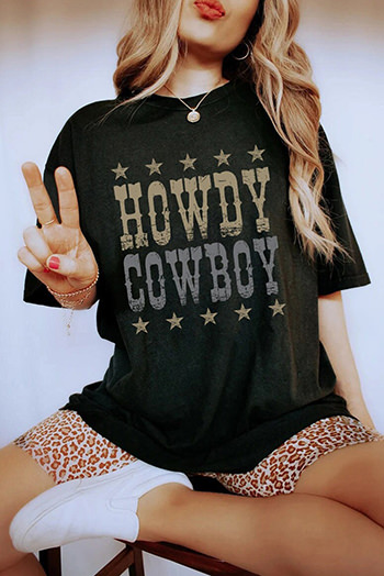 Black HOWDY COWBOY Star Print Crew Neck Loose T Shirt