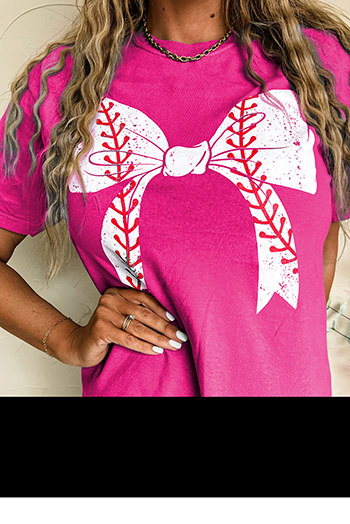 Rose Red Baseball Bowknot Graphic Casual Tee