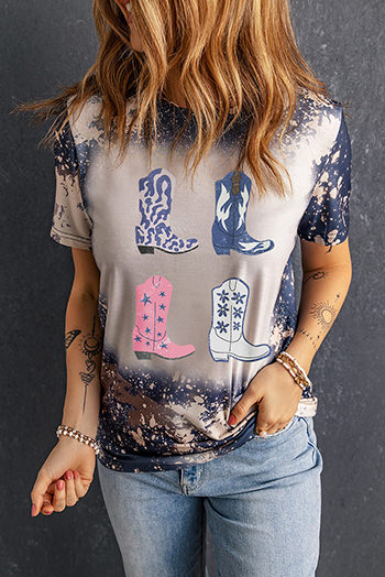 Multicolor Tie Dye Western Boots Printed Crewneck T Shirt