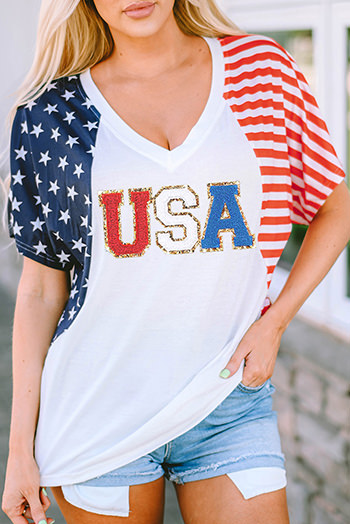 White Chenille USA Stars and Stripes Printed V Neck T Shirt