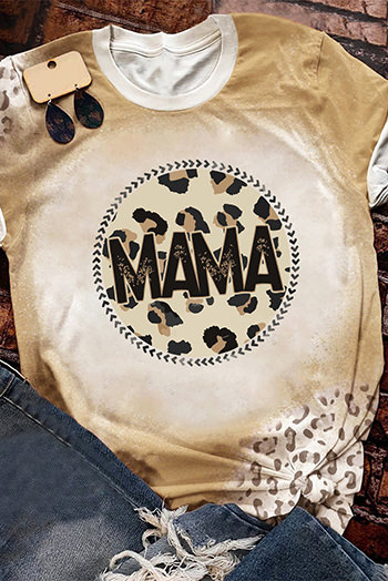 Khaki MAMA Leopard Bleached Print Crew Neck T Shirt