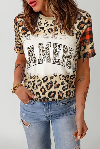 Leopard Leopard Plaid Blended AMEN Letter Graphic T Shirt