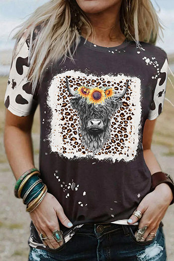 Black Western Bleached Tie dye Leopard Heifer Graphic Tee