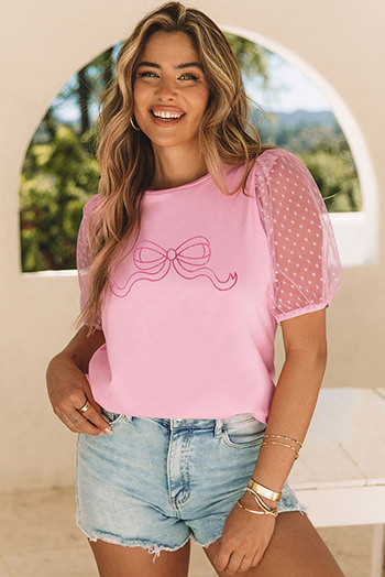 Pink Bow Knot Embroidered Swiss Dot Mesh Sleeve Top