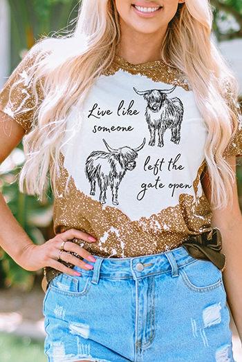 Orange Bleached Steer Slogan Graphic Western Fashion Tee