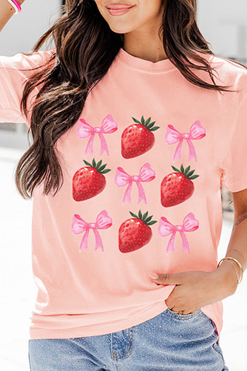 Pink Strawberry and Bowknot Graphic T Shirt