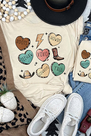 Khaki Western Fashion Valentine Graphic T Shirt