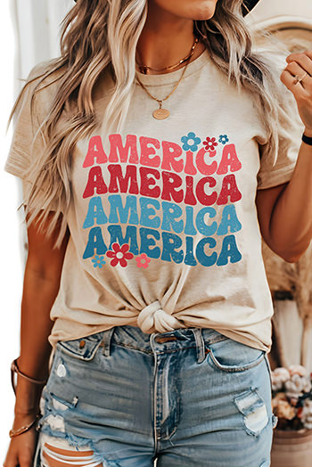 Khaki AMERICA Letter Floral Print T Shirt