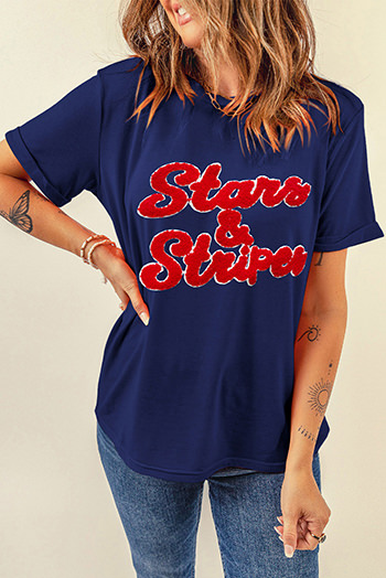 Blue Chenille Stars and Stripes Patched Graphic T Shirt