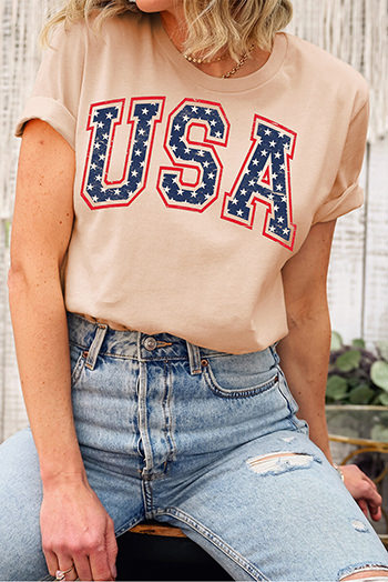 Khaki Starry USA Lettering Independent Day T Shirt