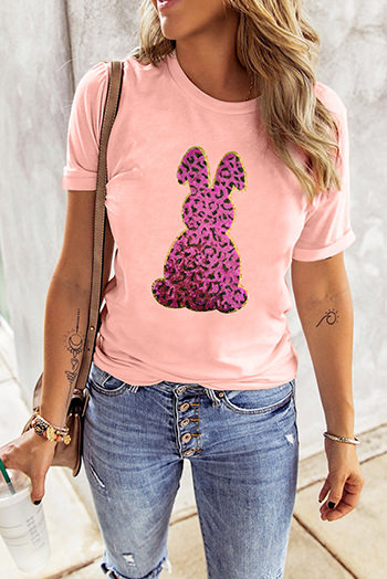 Pink Sequined Leopard Bunny Easter Graphic Tee