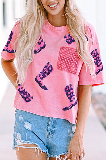 Pink Western Boots Sequin Patchwork Crew Neck T Shirt