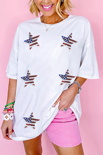 White Sequin American Flag Star Graphic Tunic T Shirt