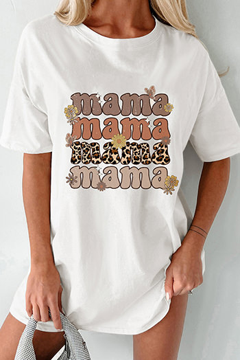 White mama Leopard Daisy Print Crewneck T Shirt