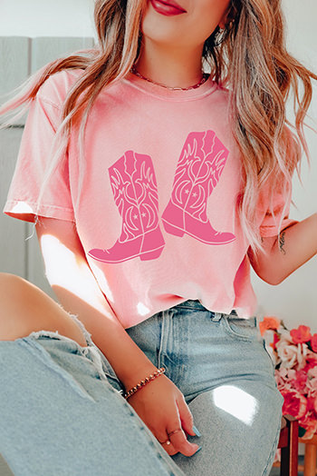 Pink Western Cowboy Boots Print Round Neck T Shirt