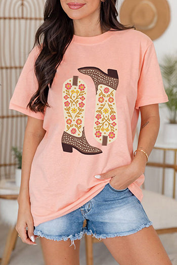 Pink Western Floral Boots Print Round Neck Loose T Shirt