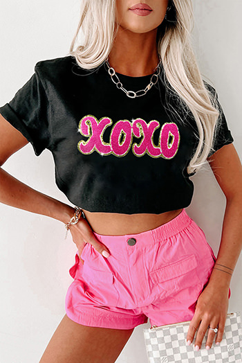 Black xoxo Glitter Chenille Graphic Valentines T Shirt