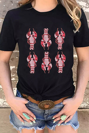 Black Sequin Crawfish Graphic Western Fashion T Shirt