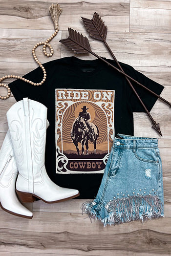 Black RIDE ON COWBOY Graphic Western Tee