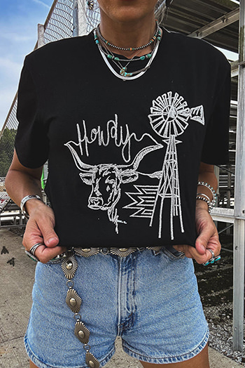 Black Howdy Western Cow Embroidered O Neck T Shirt