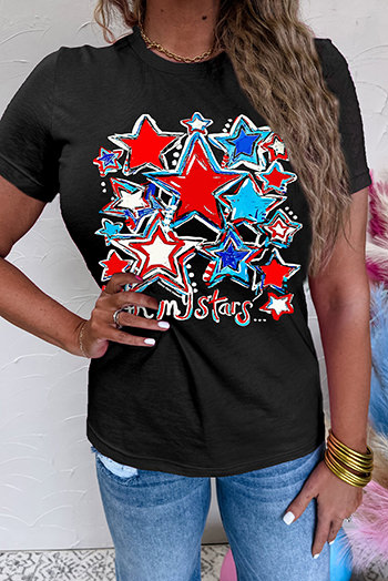 Black oh my stars Printed Flag Day T Shirt