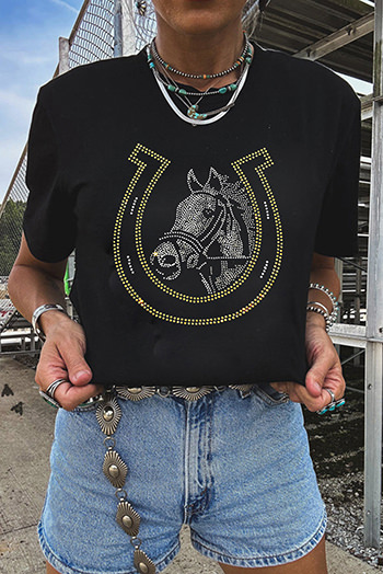 Black Rhinestone Horse and Horseshoe Graphic T Shirt