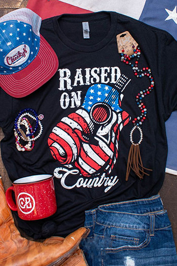 Black Raised On Country USA Flag Guitar Graphic Tee