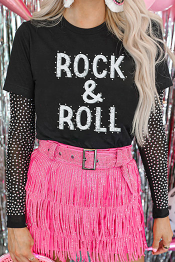 Black ROCK and ROLL Graphic Crew Neck Tee