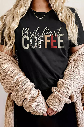 Black But First Coffee Leopard Print Crew Neck T Shirt