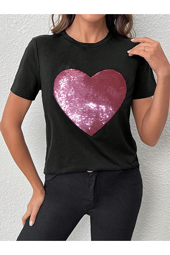 Black Valentine Sequin Heart Shaped Crew Neck T Shirt