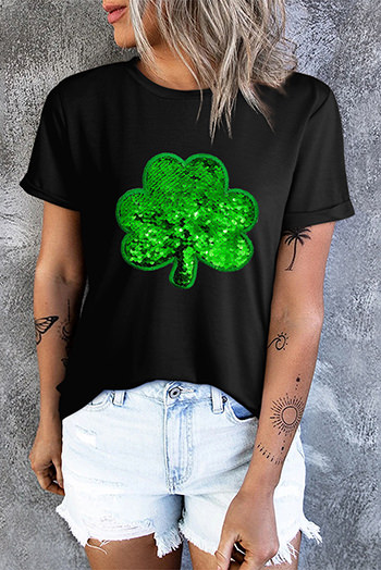 Black Sequin Clover Embroidered Round Neck Graphic Tee