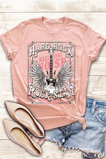 Pink Hard Rock Guitar Print Crew Neck T Shirt