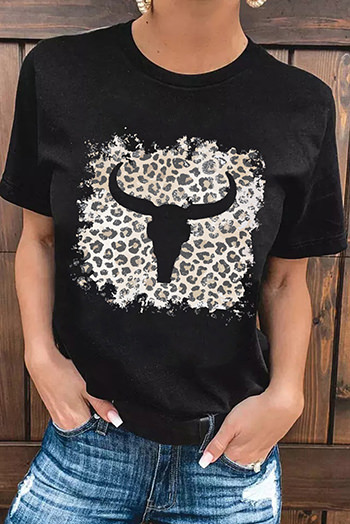 Black Western Leopard Steer Head Print Casual T Shirt