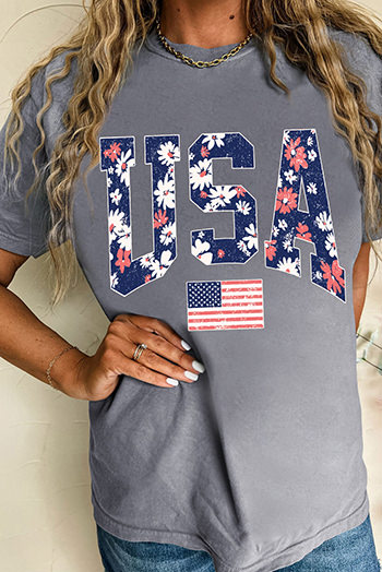 Gray Blooming USA Flag Print Casual T Shirt