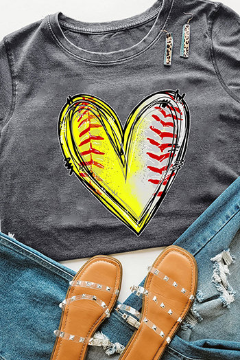 Gray Baseball Heart Shape Print Crew Neck T Shirt