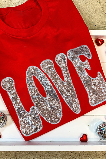 Red Sequined LOVE Letter Valentines T Shirt