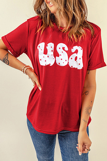 Red USA Stars Print Round Neck Casual Tee