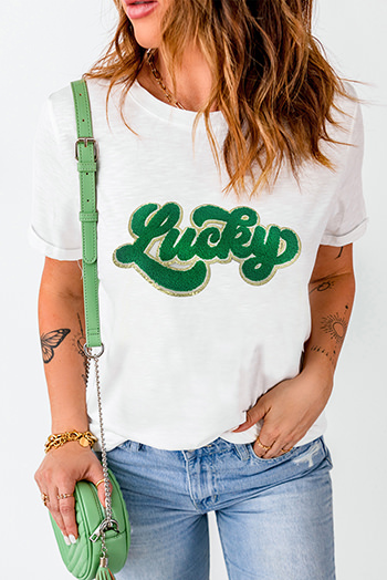 White St. Patrick Lucky Chenille Glitter Patched Graphic T Shirt