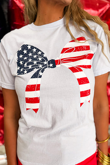 White Stars and Stripes Bowknot Graphic Round Neck Tee