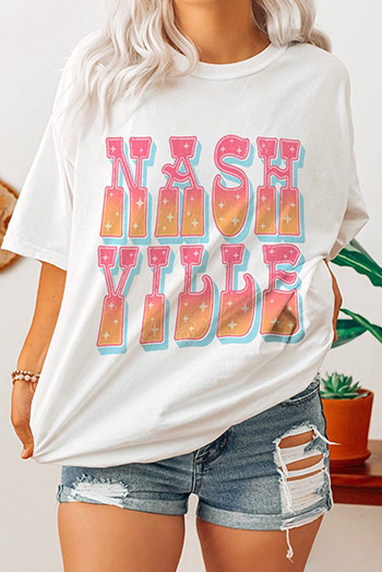 White NASHVILLE Starry Print Crew Neck Oversized T Shirt