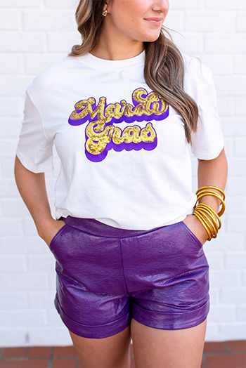 White Mardi Gras Sequin Graphic T Shirt