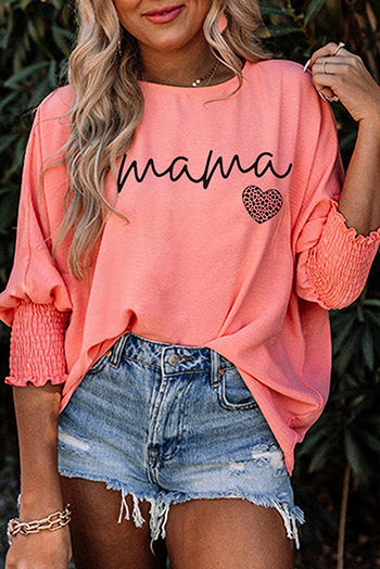 Pink mama Leopard Heart Print Shirred 3/4 Sleeve Top