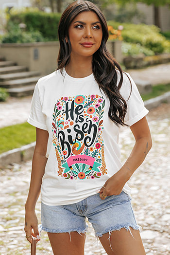 White He Is Risen Floral Print Round Neck T Shirt